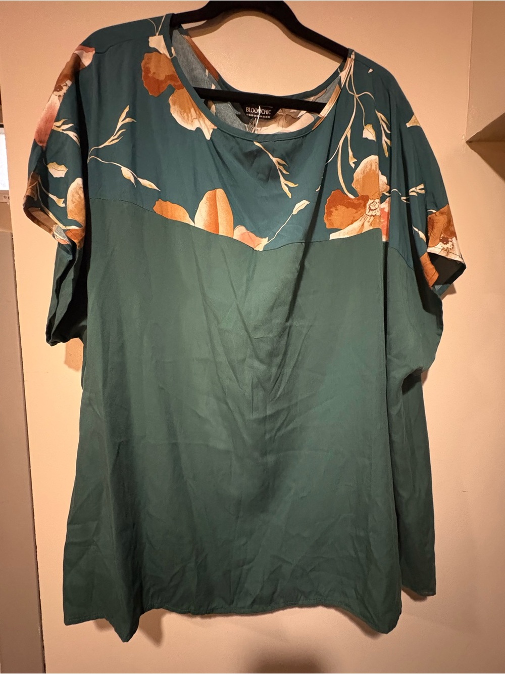 BloomChic Teal Blouse with Rust and Cream Floral Yoke